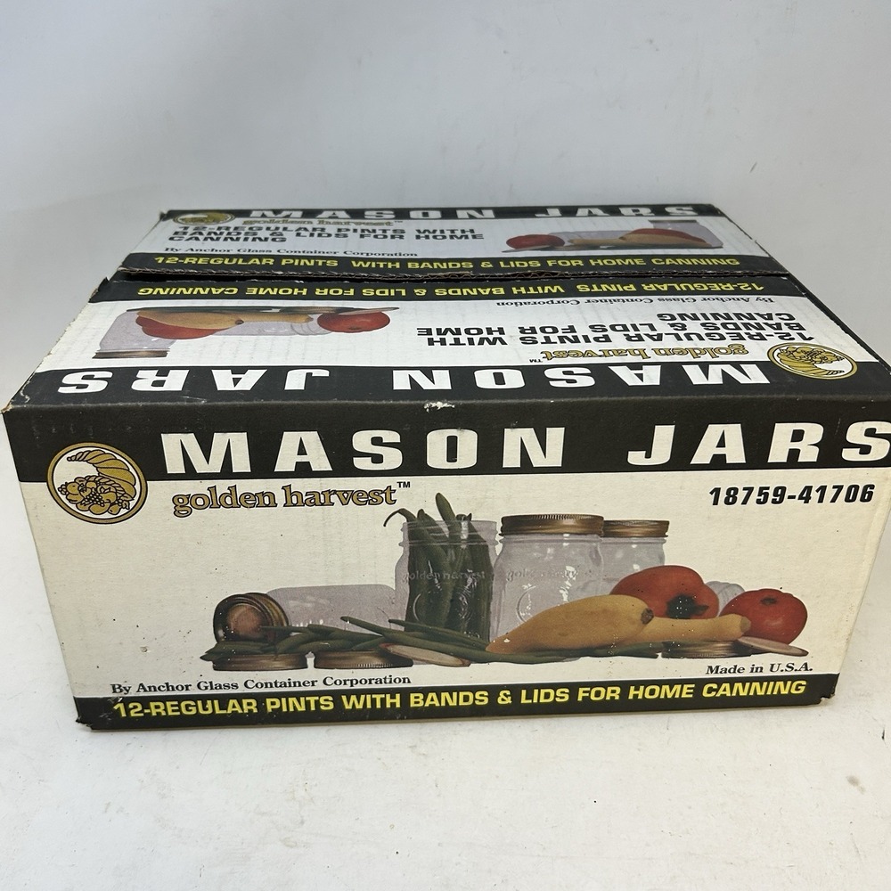 Case Of 12 Golden Harvest Mason  Jars Lids Bands Pint Size